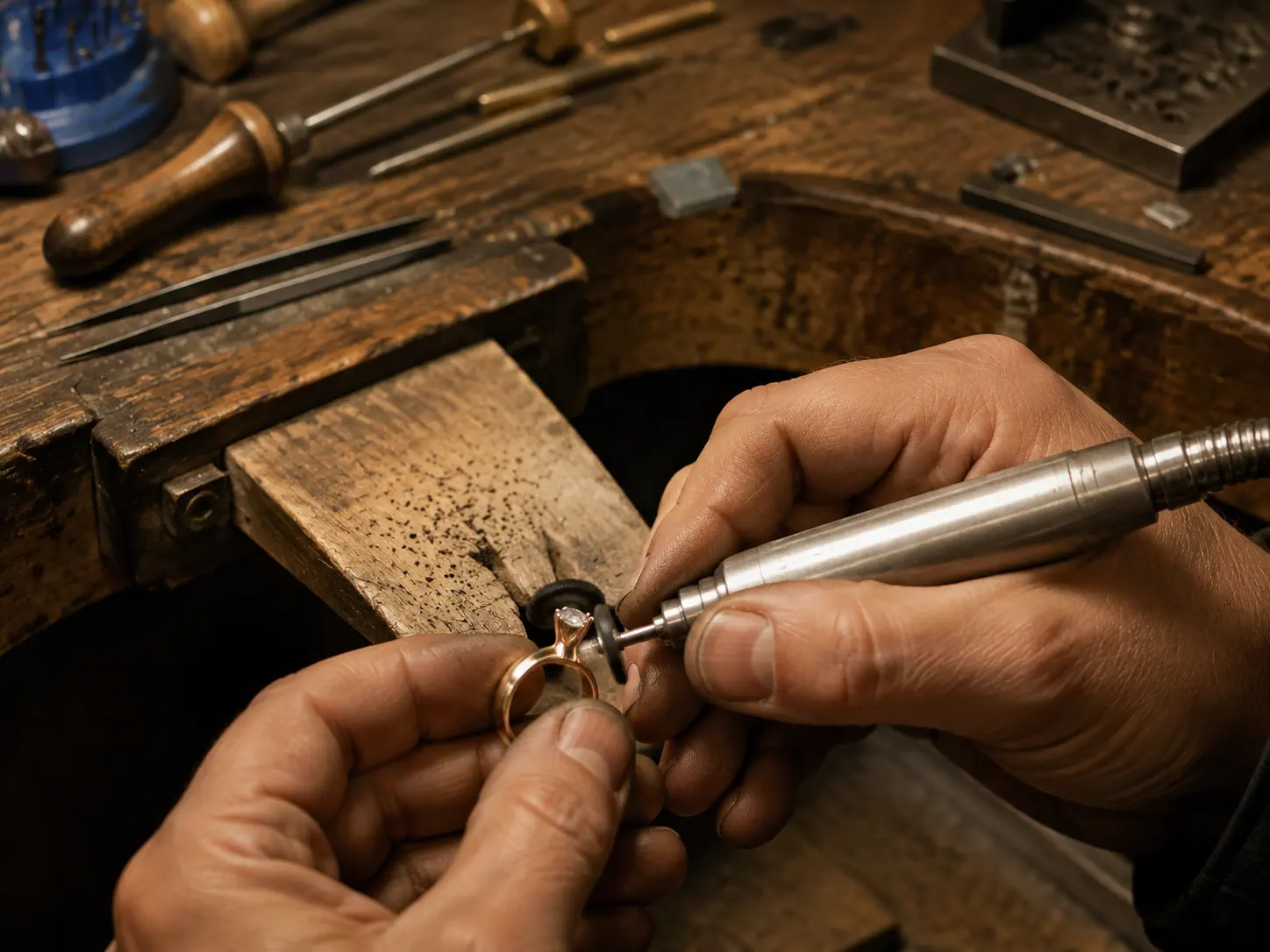 Goldschmied bei der Arbeit an einem maßgefertigten Schmuckstück